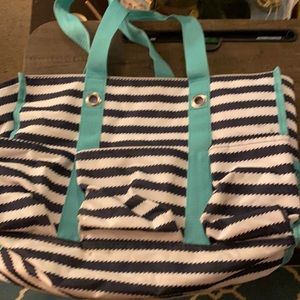 Blue & white stripped beach bag w 7 pockets-5 front/back 2 on sides zippered top